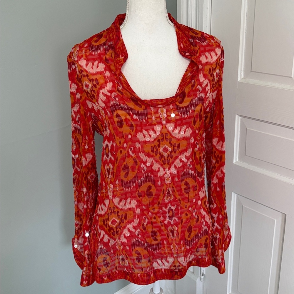 Tory Burch Tunic Orange sequined bright blouse top shirt size 8‎